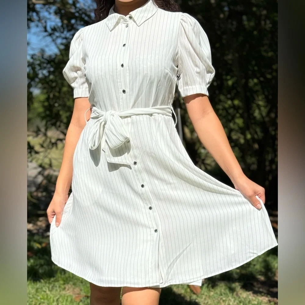 KARL LAGERFELD PARIS Women's Striped Tie-Front Shirtdress - Picture 7 of 14